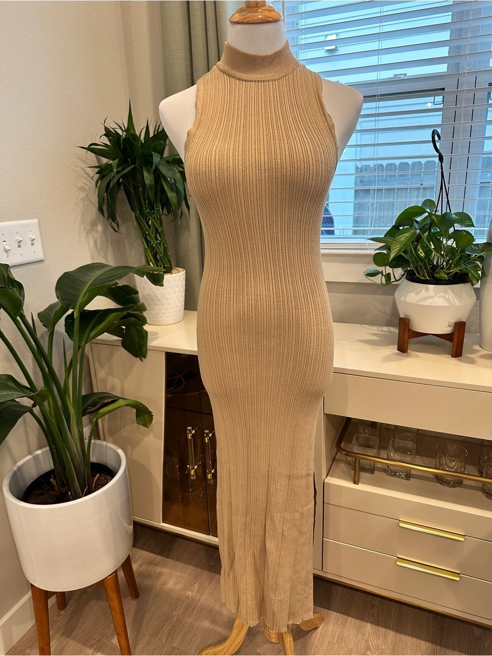 WAYF Camel Ribbed Sleeveless Mock Neck Dress
